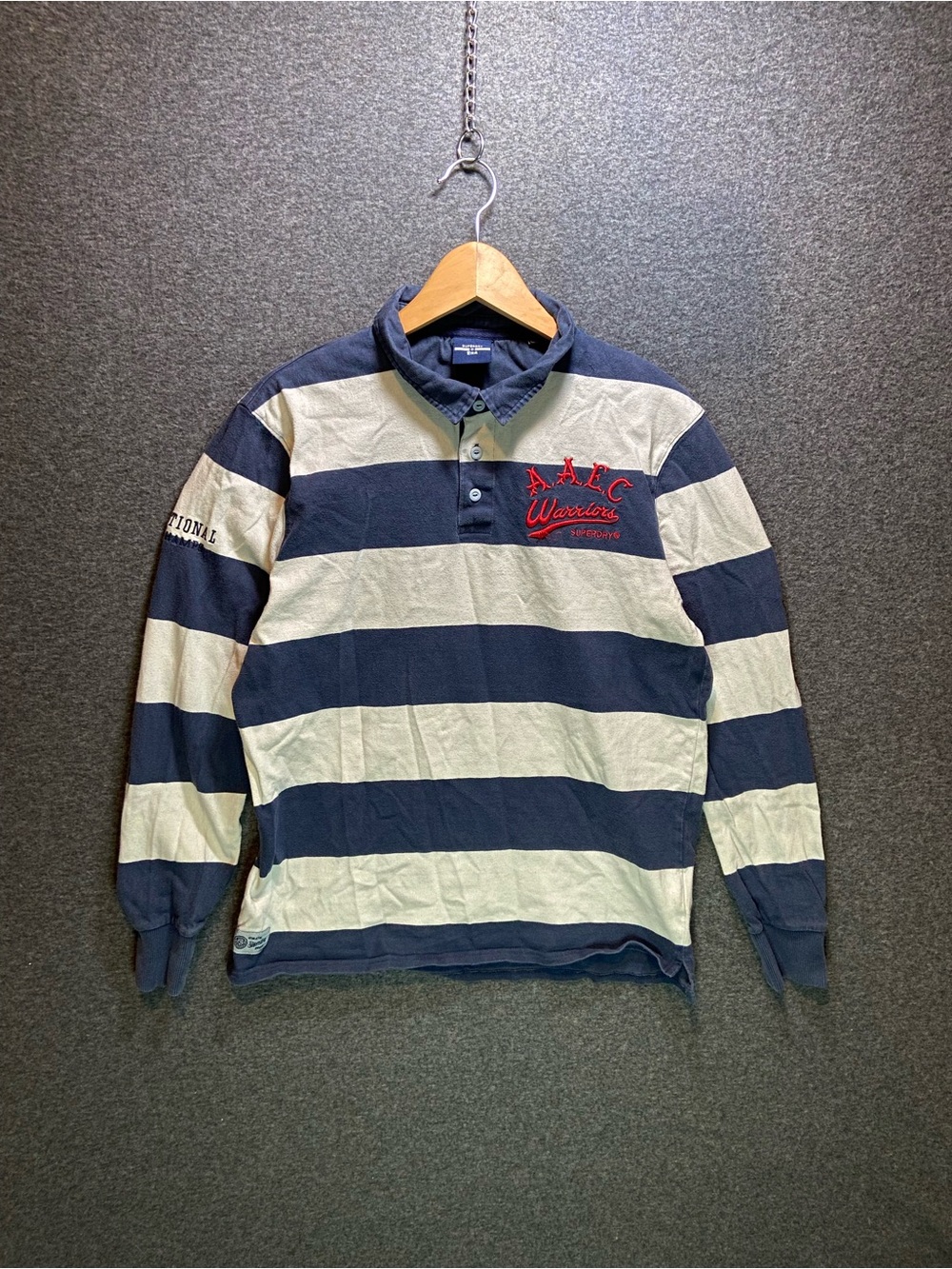 Superdry Long Sleeve Rugby Shirt Mens Large Striped Navy Cream AAECWarriorsPolo